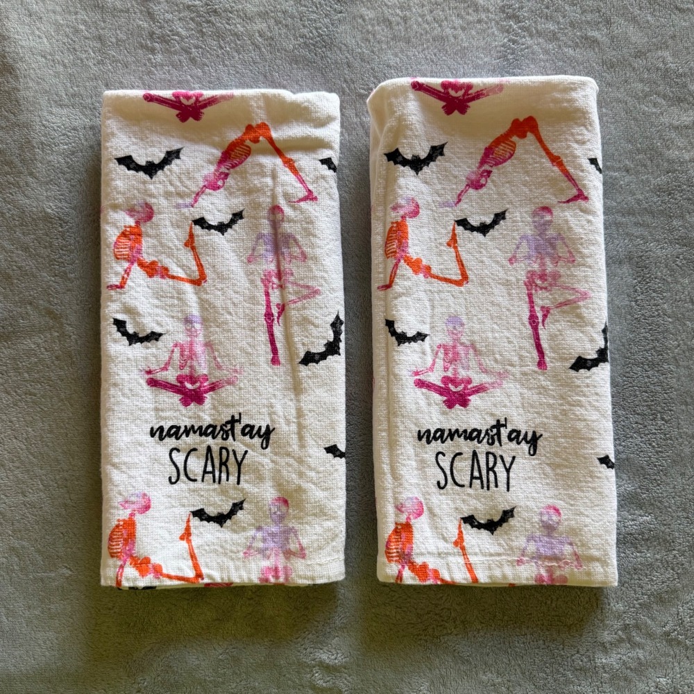 Halloween Yoga Skeleton Kitchen Towels Set of 2 Namast'ay Scary Bats - AH1506